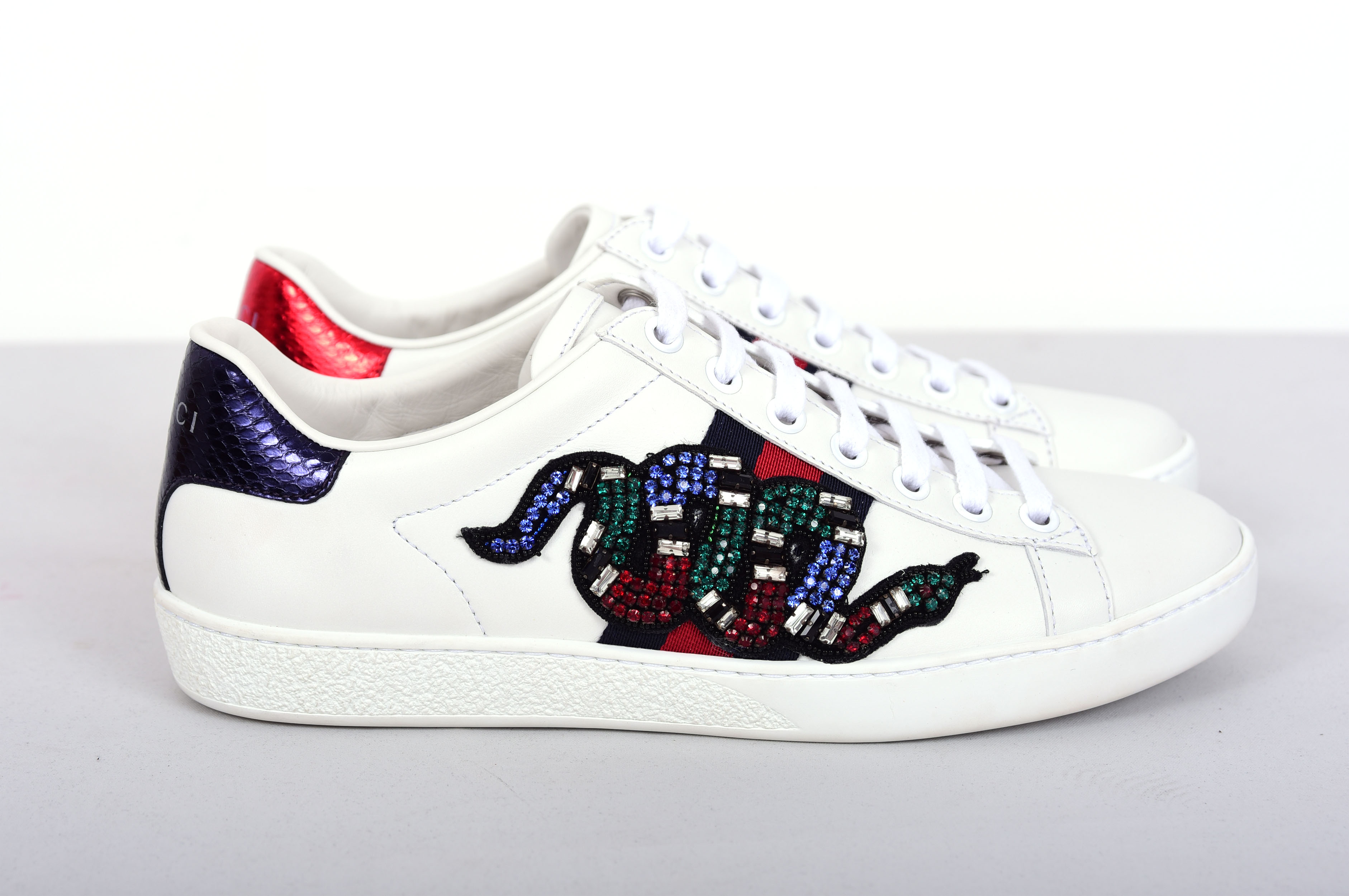 GUCCI 950 Authentic New White Leather Snake Embroidered